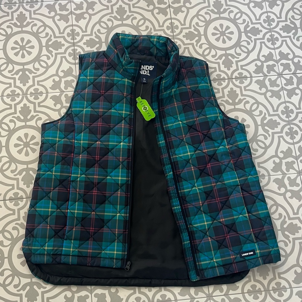 Lands' End Women's XL Plaid Quilted Vest, NWT